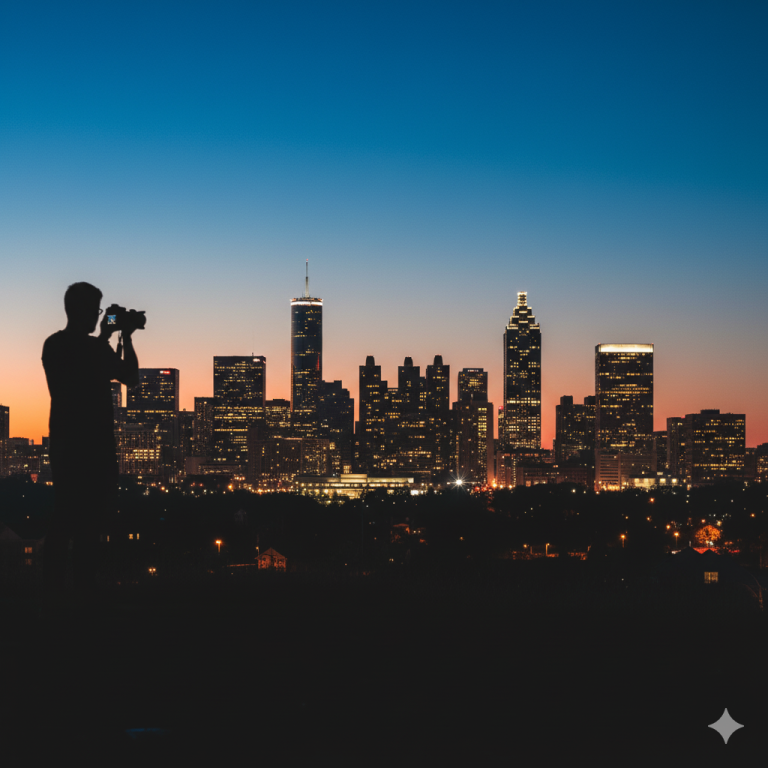 Silhouette of a person taking a photo with a camera in front of a city skyline at sunset, with buildings lit up under a fading blue and orange sky.