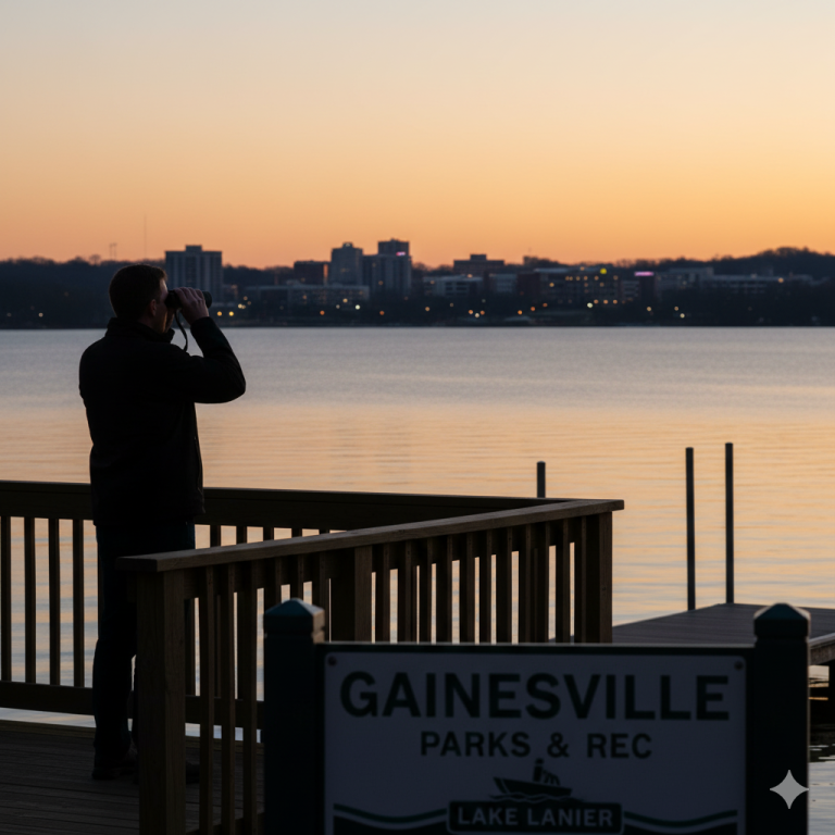 A person stands on a wooden deck by a lake at sunset, looking through binoculars. The city skyline is visible across the water. A sign in the foreground reads Gainesville Parks & Rec Lake Lanier.