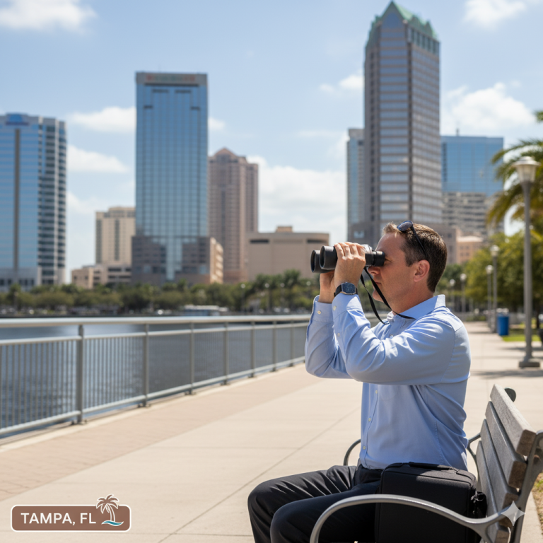 A man in business attire sits on a bench by the waterfront, looking through binoculars. Tall buildings and palm trees line the background. A graphic in the corner reads TAMPA, FL with a palm tree icon.