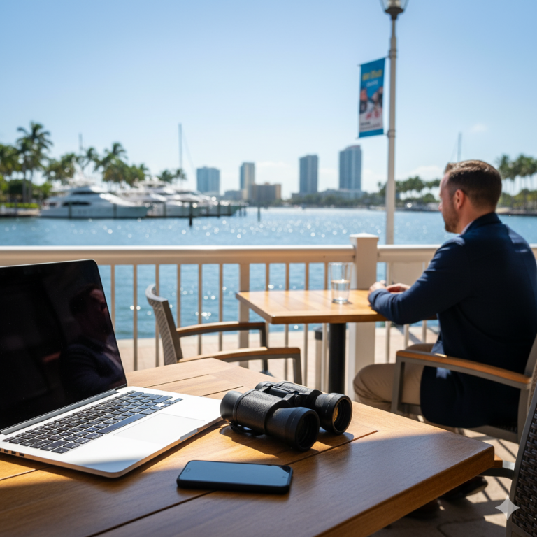 A laptop, smartphone, and binoculars sit on an outdoor café table by the water. In the background, a man in a suit looks out at yachts and city buildings across the marina on a sunny day.