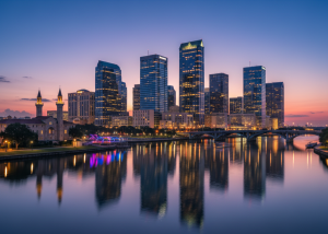A city skyline at sunset with tall modern skyscrapers lit up, reflecting on a calm river below. A bridge crosses the river, while colorful lights and an ornate building—home to a renowned PI Agency Tampa—shine on the left side.