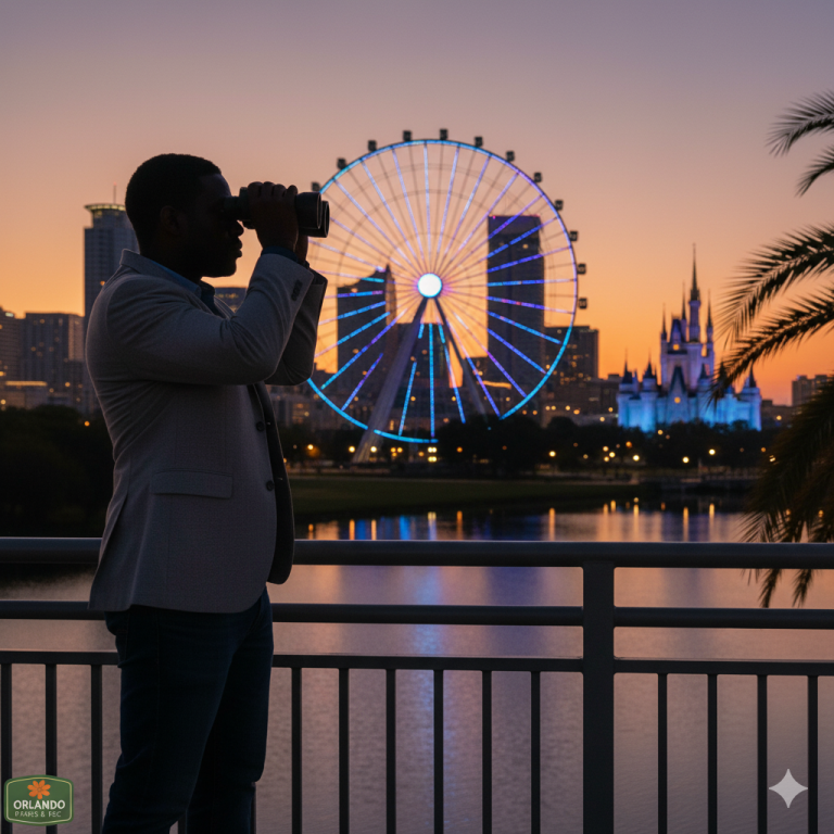 orlando-florida-infidelity-investigations - Probity Investigations Inc. A man stands on a bridge at sunset, looking through binoculars at Orlando's skyline with a large illuminated Ferris wheel and a brightly lit castle in the background. Palm trees frame the scene.