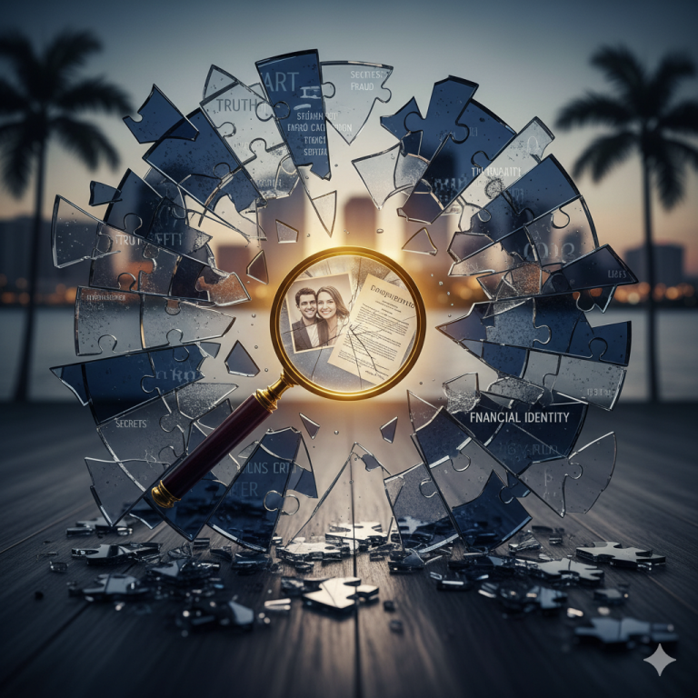 A magnifying glass revealing a couple's photo and a financial document at the heart of a shattered glass puzzle, with a Tampa city skyline at dusk and palm trees in the background, signifying the uncovering of truth in complex financial and personal deceptions in Tampa, Florida.