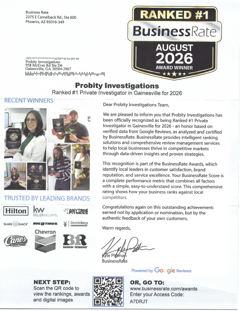 A letter from Business Rate awarding Probity Investigations as the #1 Private Investigator in Gainesville for 2026, featuring logos of trusted brands, recent winners, QR codes, and a signature from Kyle Pinkstaff.
